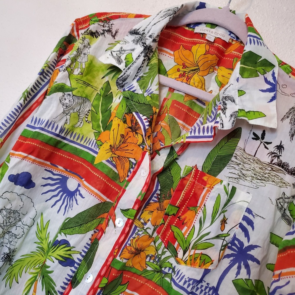 Lucky & Coco Womens Tropical Jungle Tiger Print Cotton Button Down Shirt Medium - Picture 2 of 12